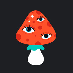 Cute mushroom character with eyes in psychedelic 70's style. Hippie, psychedelic, retro and vintage style. Vector illustration