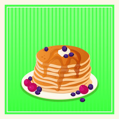 pancakes with berries and maple syrup, pancakes on a green background