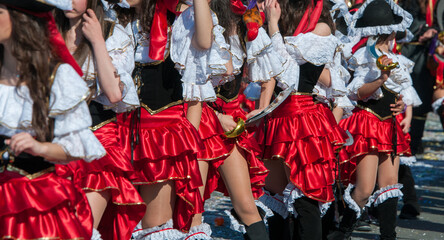 People parading on carnival parade with colorful costumes. Limassol Cyprus.