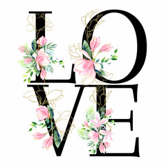 Emblishemend letters, magnolia flowers clip art. Decorated with golden floral elements. For wedding, birthday, valentines, mothers day cards. Stock illustration. Hand painted in watercolor. © Evgeniia