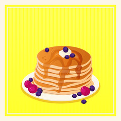 pancakes with berries and maple syrup, pancakes on yellow background