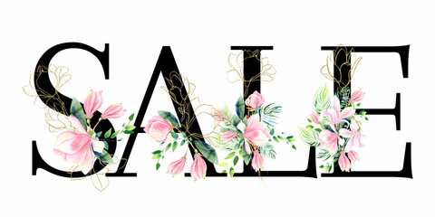 Emblishemend letters, magnolia flowers clip art. Decorated with golden floral elements. For wedding, birthday, valentines, mothers day cards. Stock illustration. Hand painted in watercolor. © Evgeniia