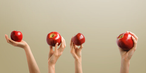 collage with woman hands and fresh red apples isolated on light brown background, close up. Health...