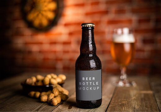 Fresh Lifestyle Beer Bottle on Wooden Table in a Restaurant with a Glass of Beer in Dim Atmosphere Background