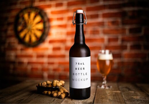 Fresh Lifestyle Beer Bottle on Wooden Table in a Restaurant with a Glass of Beer in Dim Atmosphere Background