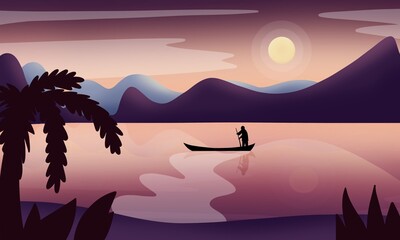 Illustration sunset in the mountains or sunset on the lake, river, sea and a man sailing on a boat
