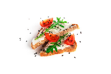 Bruschetta with cream cheese and vegetables isolated on a white background. Toasts and coffee isolated. Sandwich isolated. Sandwich with vegetables and cheese.