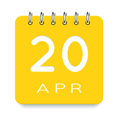 20 day of the month. April. Cute yellow calendar daily icon. Date day week Sunday, Monday, Tuesday, Wednesday, Thursday, Friday, Saturday. Cut paper. White background. Vector illustration.