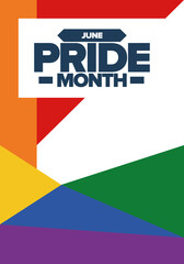 Pride Month in June. LGBT flag. Lesbian Gay Bisexual Transgender. Celebrated annual. Rainbow colours, love concept. Human rights and tolerance. Poster, banner and background. Vector illustration