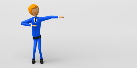 Businessman with gesture of achieving success on white background. Copy space. 3D illustration. Cartoon.