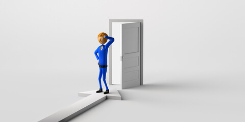 Businessman on an arrow and an open door. Promotion and success at work. Copy space. 3D illustration. Cartoon.