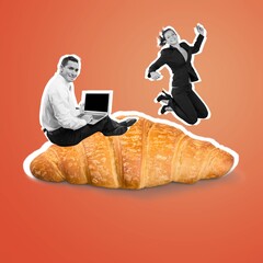 Contemporary art collage of man and woman sitting on delicious croissant
