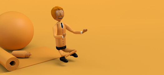 Businessman practicing yoga next to mat and pilates ball. Copy space.  3D illustration. Cartoon.