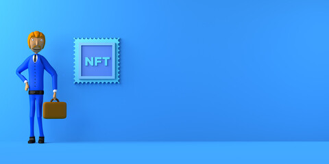Businessman next to non-fungible token. NFT gallery of crypto art on the blockchain. Copy space.  3D illustration. Cartoon.