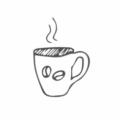 Doodle Hot Coffee Cup graphic on white background, vector