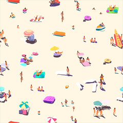 People relax on the sandy beach. Resort. Hand drawn sketch. Vector illustration.