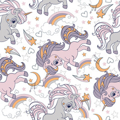 Seamless vector pattern cute unicorns and cosmic elements