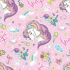 Obraz na płótnie Canvas Seamless pattern cute funny unicorns heads vector background