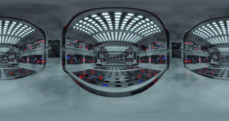 3d rendering. HDRI environment map. 360 degree spherical seamless vr panorama. Abstract empty t interior of spacecraft or station corridor with neon lighting. © shacil