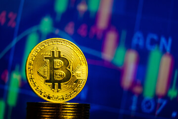 BTC bitcoin on candlestick trading chart moving background. Crypto currency future of e-commerce and online payments