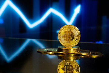 Golden bitcoin growing stock trading price line. Crypto currency future of world finance concept