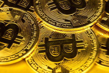 Pile of golden bitcoins macro shot. Future and virtual money