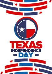 Texas Independence Day. Texas flag. Lone star flag. Freedom holiday in Unites States, celebrated annual in March. Patriotic vector poster. Creative illustration