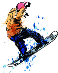 Fototapeta na wymiar Colored hand sketch snowboarder. Vector illustration.