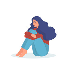 Depressed, sad, lonely woman sits and hugs her knees vector illustration. Depression and anxiety, concept of mental health. The girl needs the help of a psychotherapist and a psychologist.