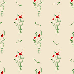 Vector illustration. Floral seamless pattern. Bouquet of wild flowers. Hand drawn flower field. Simple flowers.