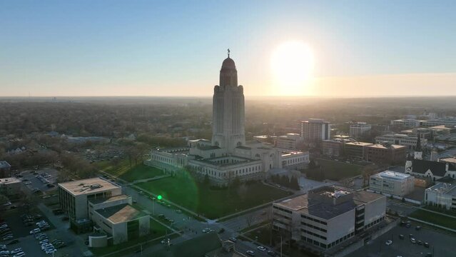 State Capitol Building in Lincoln, Nebraska - Stock aerial drone video of statehouse in downtown midwest city