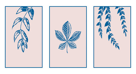 Fototapeta na wymiar Set of 3 Botanical wall art. Line art of plants, drawing with abstract shape. Minimalist design for framed wall prints, canvas prints, posters, home decor.
