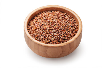 Buckwheat grains, seeds in wooden bowl isolated on white background