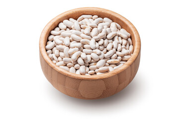 White haricot legumes beans in wooden bowl isolated on a white background