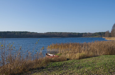 Lake with boat and cane
