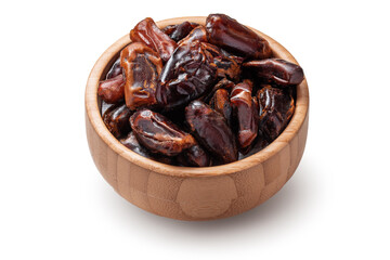 Dried dates in woodem bowl isolated on a white background