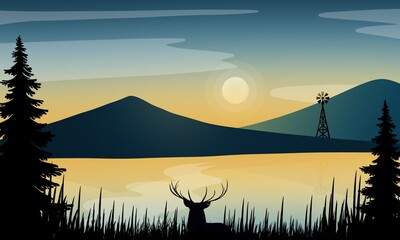 Illustration sunset in the mountains or sunset on the lake, river, sea and a deer next to windmill