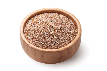 Unbleached Sesame Seeds in wooden bowl isolated on white background