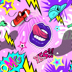 Seamless pattern comic book style. Creative fashion illustration backgrounds. Tropical elements. Hand drawn vector. 