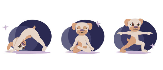 Dog in different yoga poses. Anthropomorphic animal in cartoon style