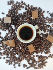 flat layout of coffee and chocolate, view from the top