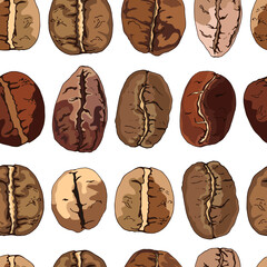 coffee beans, seamless pattern_coffee beans, detailed drawing, a row of beans, seamless pattern on a white background