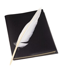 Black leather notebook and white quill bird feather pen isolated