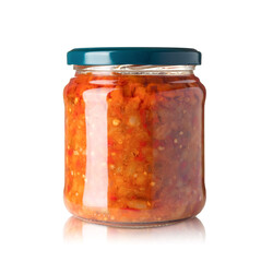 Pickled vegetables in jar isolated on white background