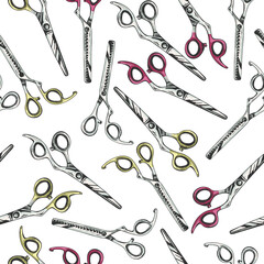 barber scissors, seamless pattern_Seamless pattern with thinning scissors for beauty salons, barbershops or haircuts for dogs. Vector background, handmade.