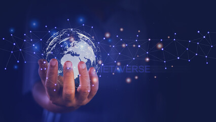 Man hand hold the virtual world. Internet connection concept with metaverse, global business and digital marketing, internet connection application technology, finance and banking, big data.