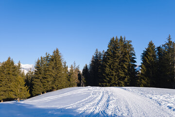 A path in the Mont Blanc massif in Europe, France, Rhone Alpes, Savoie, Alps, in winter on a sunny day.