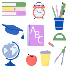 School supplies design. Books, chancellaria,copybook, globe. Vector flat illustration.