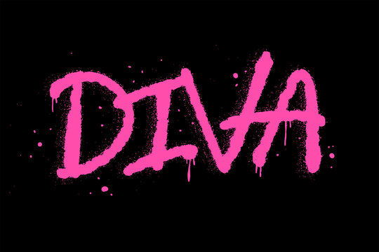 Urban street graffiti style. Slogan of Diva with splash effect and drops. Concept of feminism, women's rights. Print for graphic tee, sweatshirt, poster. Vector illustration is on black background.
