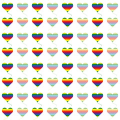Flying cute heart shaped air balloons with strings in rainbow colours. Geometric seamless vector pattern for Valentine, birthday and wedding wrapping paper, greeting cards and stationery.